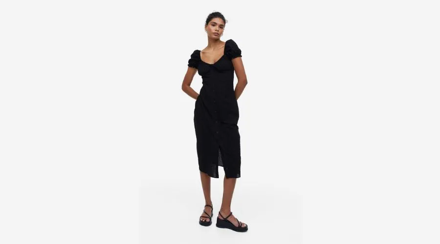 Textured woven dress with puff sleeves
