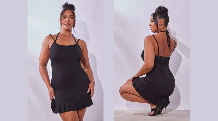 PLUS BLACK RUFFLE HEM TIE-NECK DETAIL BODYCON DRESS