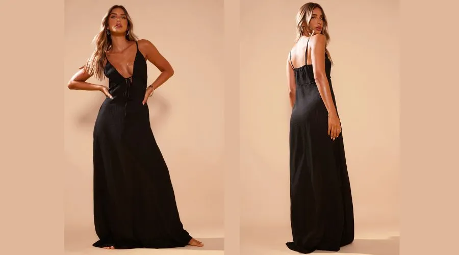 BLACK CRINKLE TIE MAXI BEACH DRESS