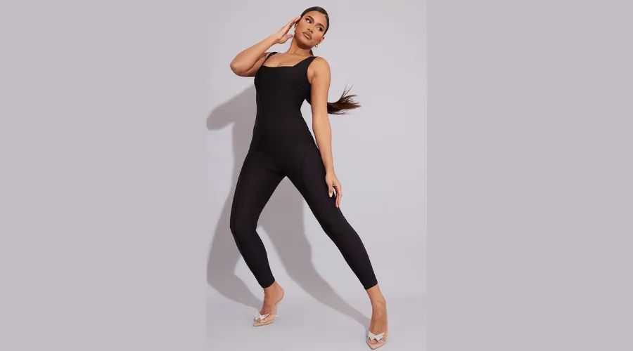 Black slinky exposed seam detail sleeveless jumpsuit