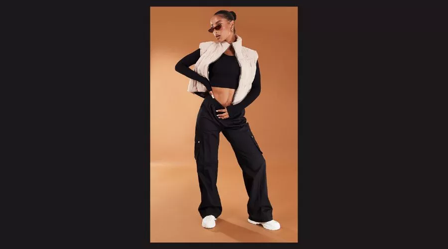 Black wide leg high waisted cargo trousers