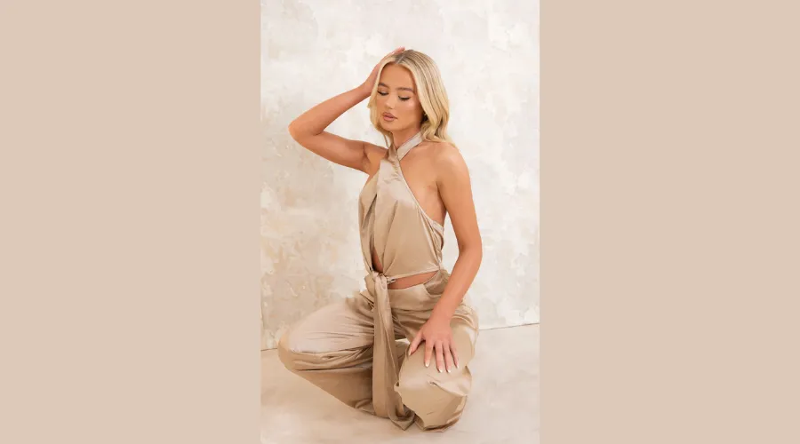 Gold satin tie detail cut out halter jumpsuit