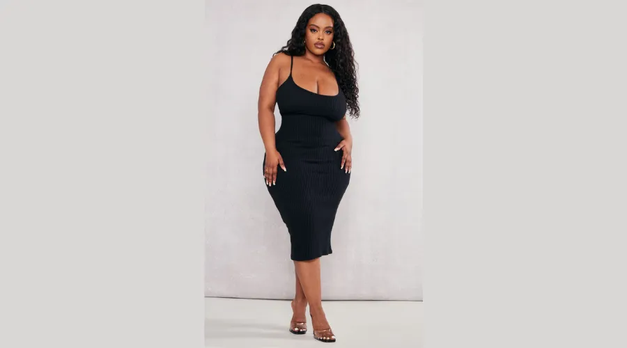 Plus Black Textured Seam Detail Cami Midi Dress