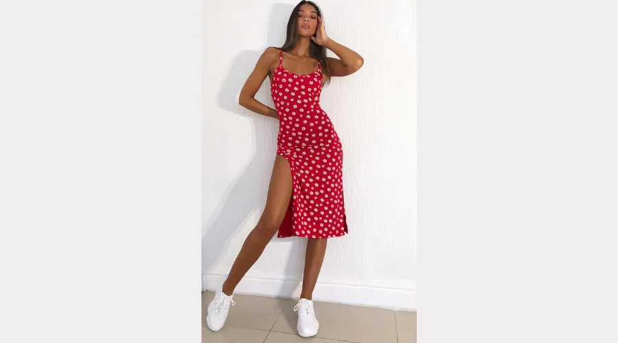 Red Floral Print Jersey Split Cami Midi Dress