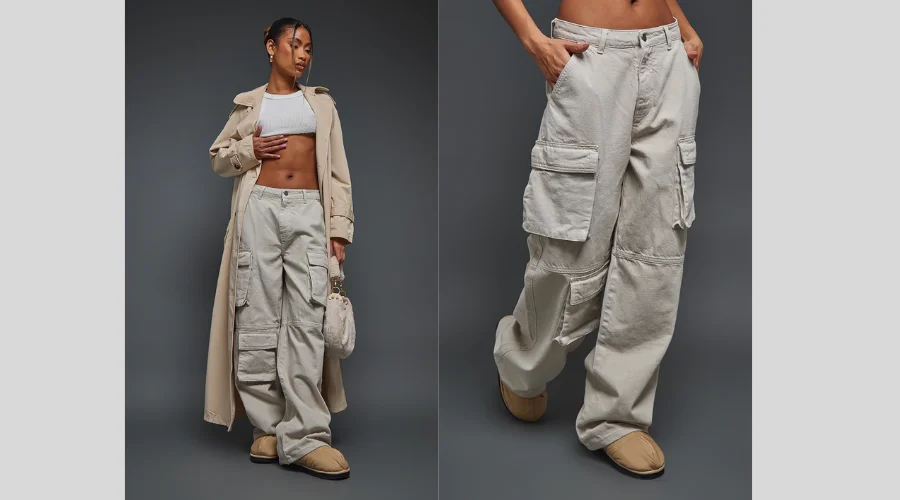 Washed Stone Low Rise Baggy Boyfriend Cargo Jeans
