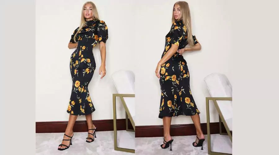BLACK FLORAL PUFF SLEEVE DRAPED NECK MIDI DRESS