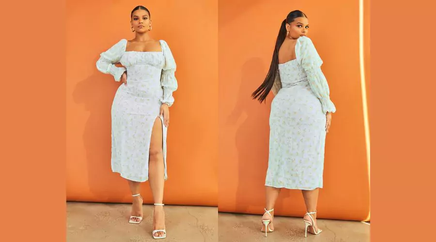 PLUS DUSTY BLUE FLORAL PUFF SLEEVE MIDI DRESS