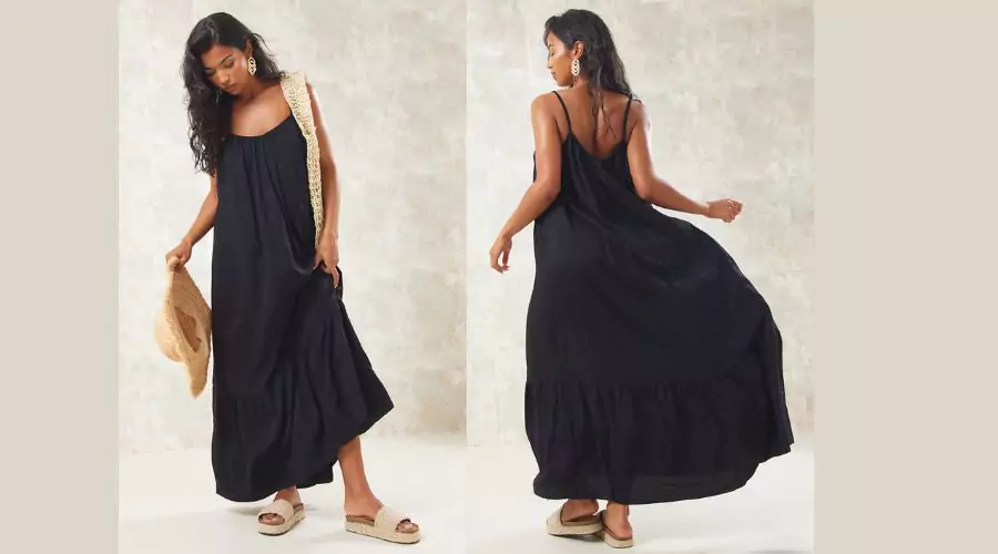 Black Strappy Pleated Tier Maxi Dress