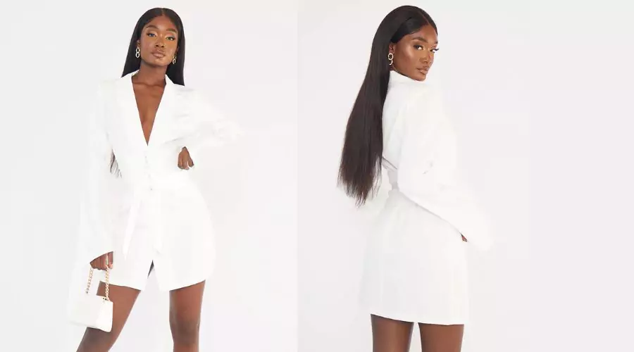 TALL WHITE LONG SLEEVE CORSET BELTED BLAZER DRESS