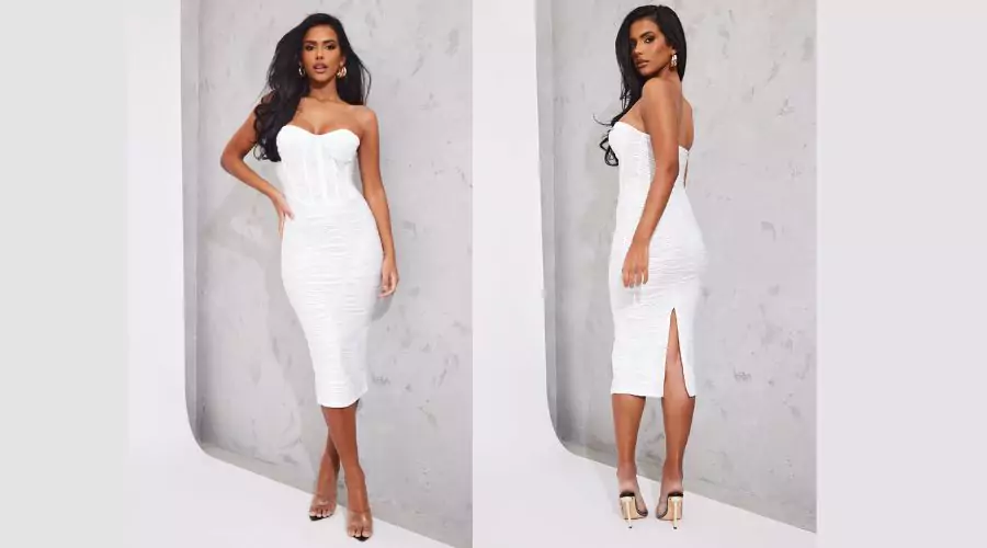 WHITE CRINKLE CORSET DETAIL BANDEAU BODYCON DRESS