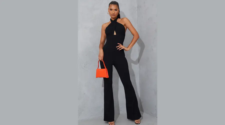 BLACK CROSS NECK TIE BACK RIB JUMPSUIT | Nowandlive