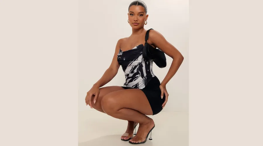 Black Textured Print Woven Asymmetric Pointed Hem Corset | Nowandlive