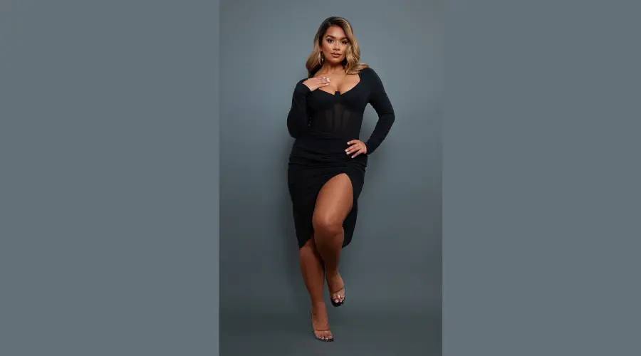 SHAPE BLACK CORSET DETAIL LONG SLEEVE RUCHED MIDI DRESS | Nowandlive