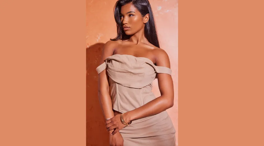 Stone Linen Look Draped Bardot Corset | Nowandlive