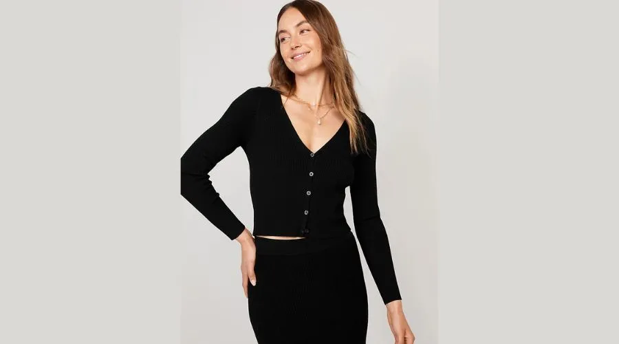 V-Neck Rib-Knit Cropped Cardigan Sweater for Women