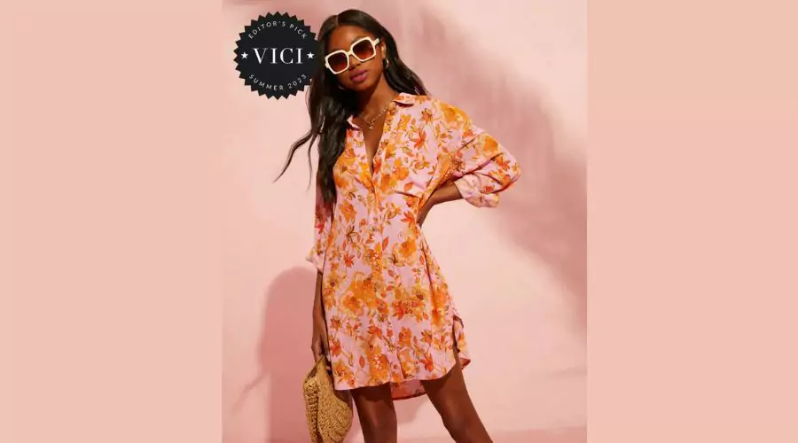 Queen Retro Floral Printed Shirt DressQueen Retro Floral Printed Shirt Dress