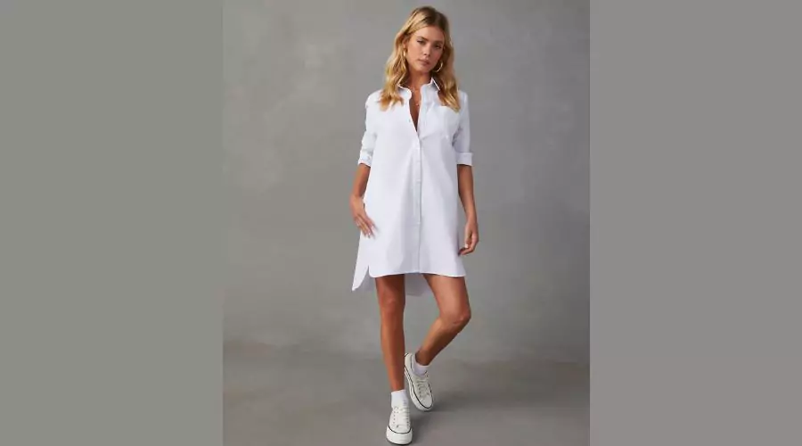 Risky Business Pocketed Button-Down Shirt Dress - White