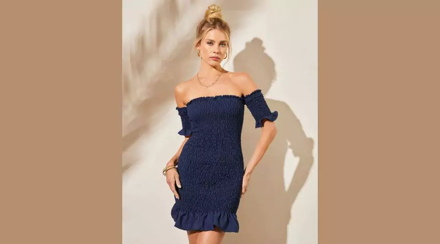 Some Like It Hot Smocked Off-The-Shoulder Dress - Navy