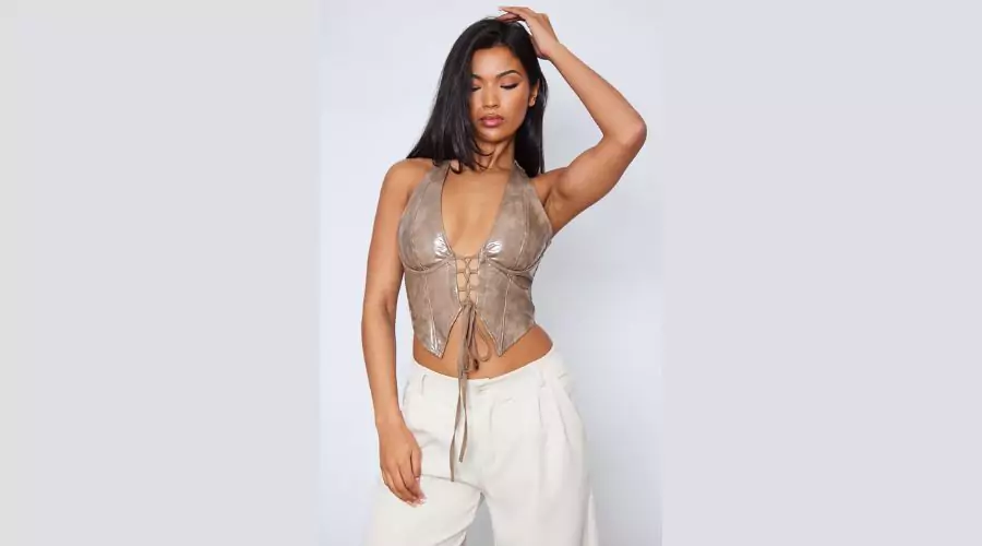 Stone-Washed Faux Leather Lace-Up Plunge Halter Neck Top