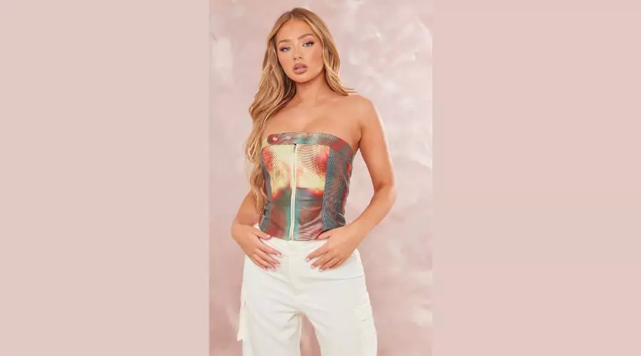 Pink Printed Faux Leather Buckle Zip Detail Bandeau Corset
