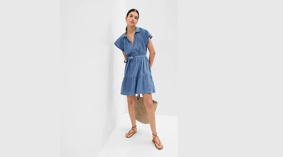 100% Organic Cotton Denim Flutter Sleeve Mini Shirtdress