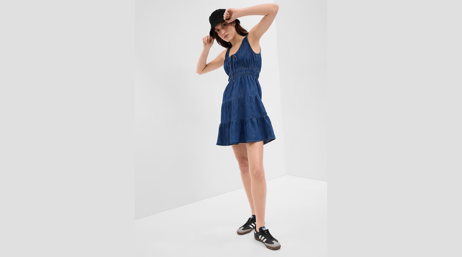 100% Organic cotton denim tiered mini dress with washwell