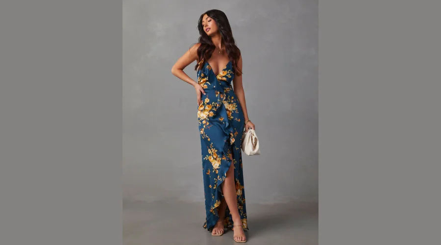Capriccio Satin Floral Ruffle Maxi Dress