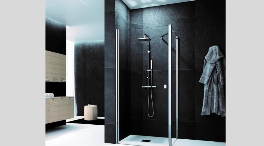 Corner shower enclosure with hinged door and square fixed side