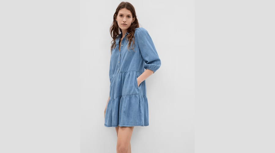 Puff Sleeve Denim Mini Shirtdress with Washwell