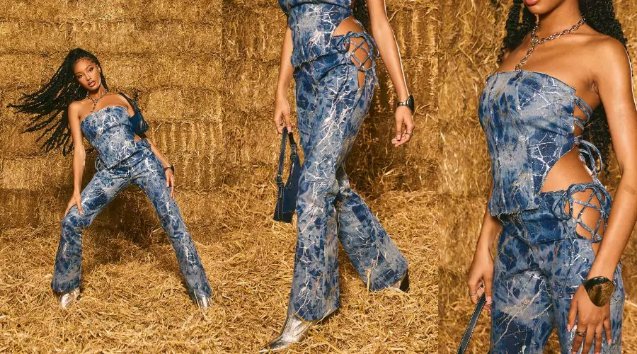 Blue Metallic Print Lace Up Side 