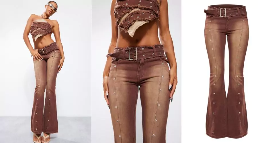 Washed Brown Eyelet Detail Belted 