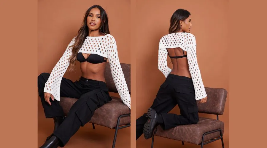 White Open Knit Flare Sleeves Knitted Top
