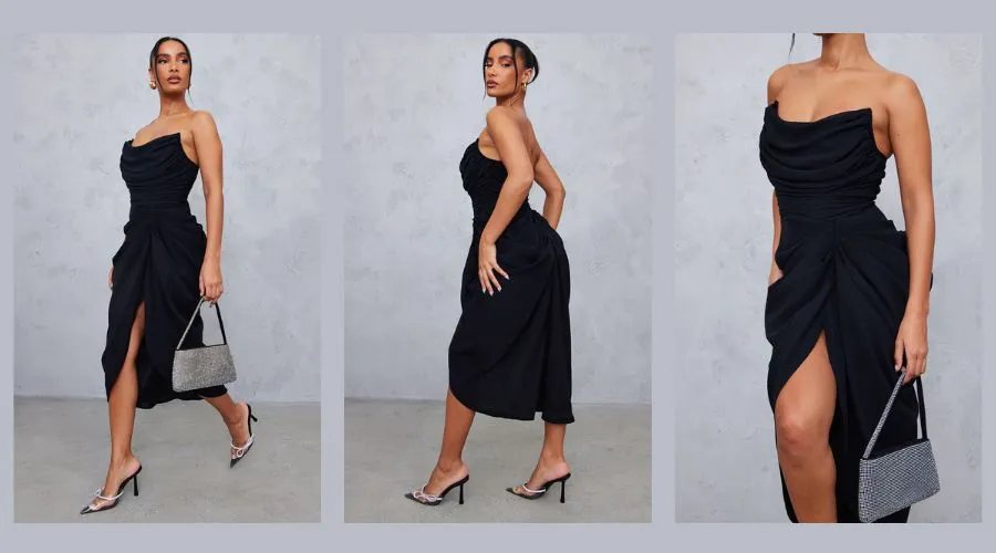 Black Chiffon Corset Bandeau Draped Midi Dress