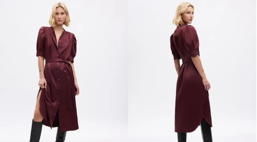 Puff sleeve satin midi shirtdress - Purple burgundy
