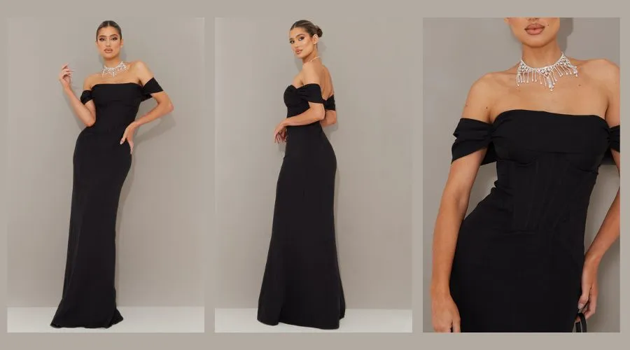 Black Corset Detail Bardot Bridesmaid Dress