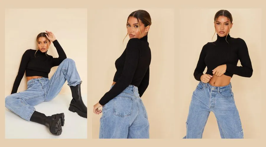 Black Ribbed Knit Roll Neck Cropped Sweatshirt