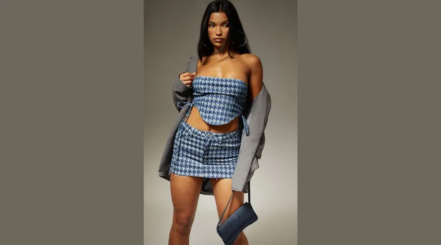 Blue Houndstooth Print Tie Detail Dipped Hem Denim Corset Top