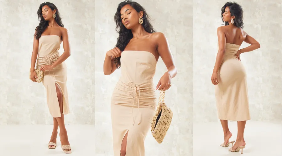 Elegant Bandeau ruched detail midaxi dress | Nowandlive