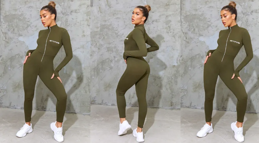 Exercise and comfort Khaki embroidered zip front jumpsuit | Nowandlive