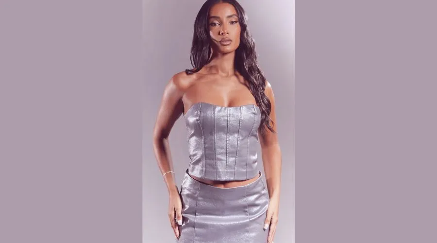 Gunmetal Glitter Coated Denim Corset Seam Detail Top