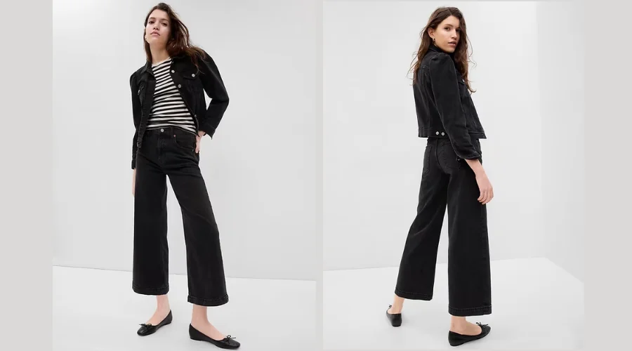 High Rise Stride Wide-Leg Ankle Jeans with Washwell- Black