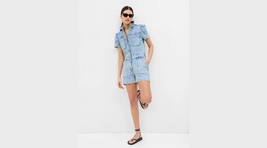 Puff Sleeve Denim Romper With Washwell