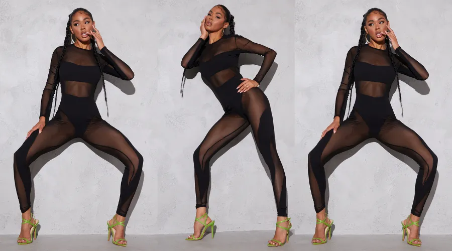 Sexy Black mesh panelled long sleeve jumpsuit | Nownadlive