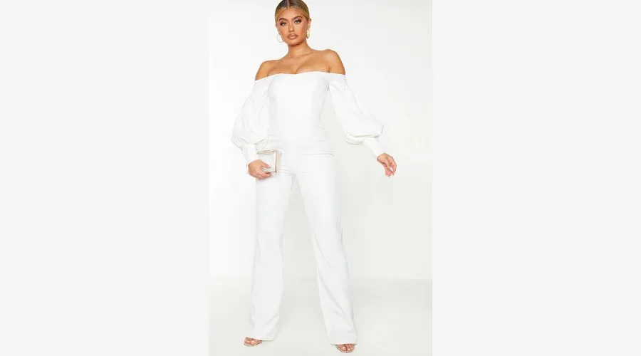 White Bardot Balloon Sleeve Corset Jumpsuit