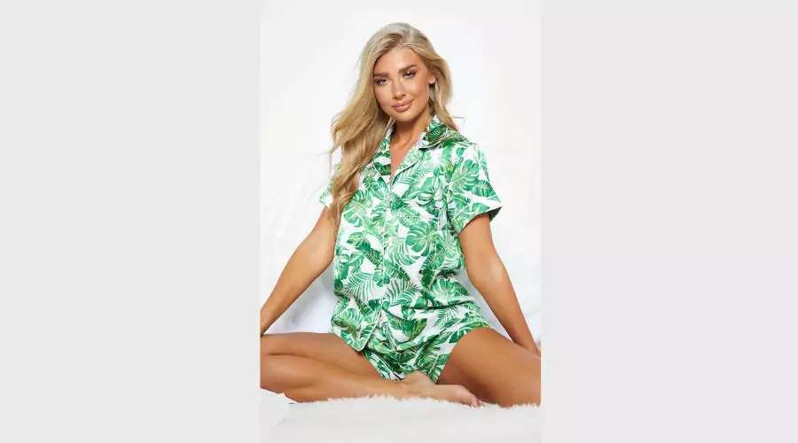 Green Palm Print Satin Short PJ Set