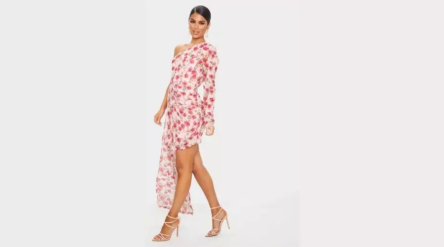 Pink floral print one shoulder chiffon bodycon dress
