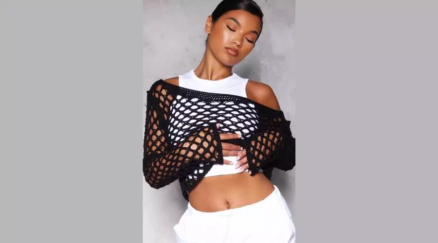 Black Oversized Cropped Crochet Top