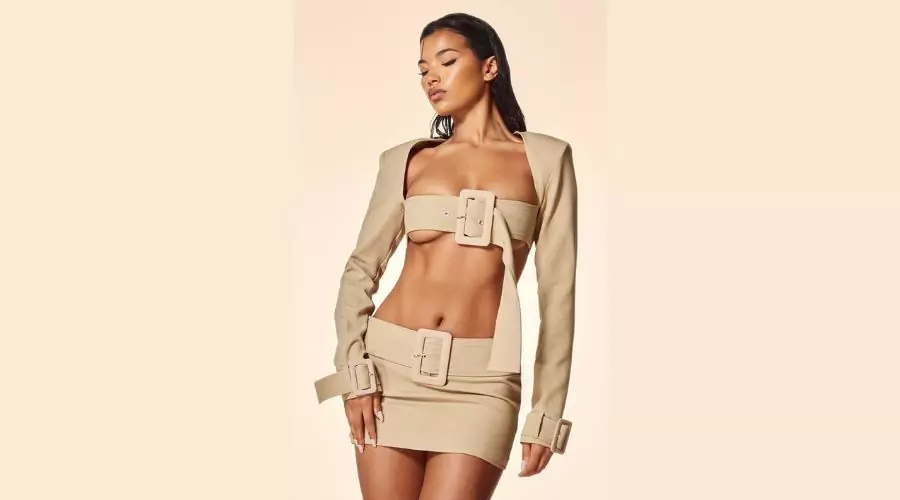 PLT label oatmeal belt detail cropped blazer