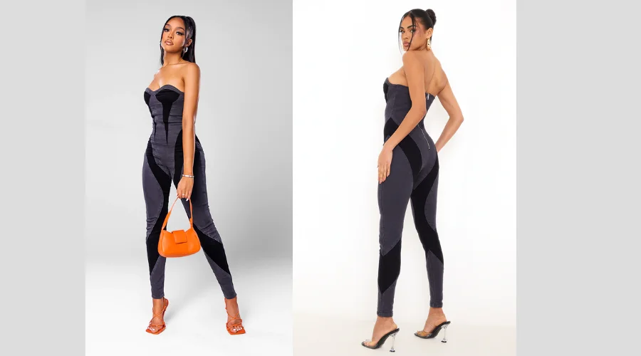 Black Contrast Panel Detail Denim Jumpsuit