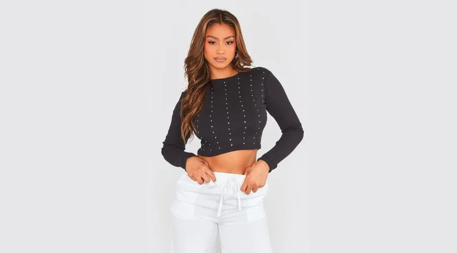Black Diamante Long Sleeve Ribbed Crop Top